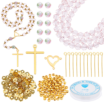 Elite DIY Beaded Religion Necklace Making Kits, Including Ceramic & Glass Round Beads, Alloy Cross Pendant, 304 Stainless Steel Heart Link Connectors, Mixed Color
