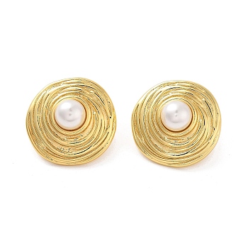 Rack Plating Flat Round Brass ABS Imitation Pearl Stud Earrings, Lead Free & Cadmium Free, Long-Lasting Plated, Real 18K Gold Plated, 23.5x23mm