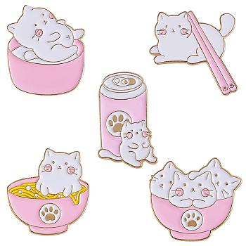 5Pcs 5 Style Cat and Food Enamel Pins, Light Gold Alloy Badges for Backpack Clothes, Pink, 30~31x18.5~30x2mm, 1Pc/style