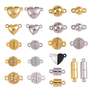 21Pcs 21 Styles Brass Magnetic Clasps, for Necklace Bracelet Jewelry DIY Crafts Making, Heart & Column & Round, Mixed Color, 11mm~20.5mm, 1pc/style