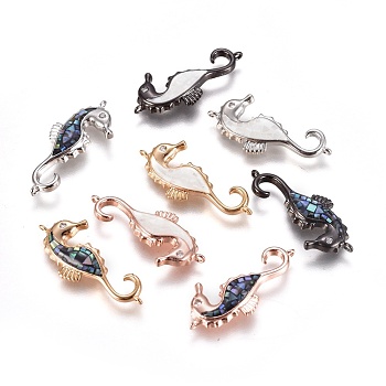 Brass Micro Pave Cubic Zirconia Links, with Shell, Sea Horse, Mixed Color, 26x11x3mm, Hole: 1mm