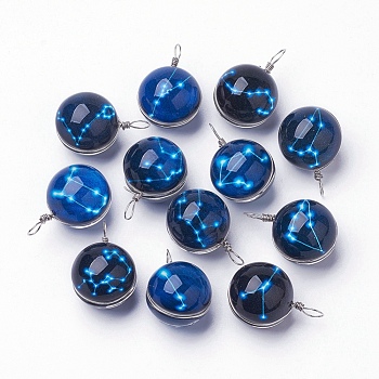 Luminous Glass Pendants, with Platinum Tone Brass Findings, Round with Constellation/Zodiac Sign, Mixed, 28~29x18~19mm, Hole: 4x5mm