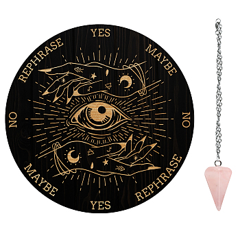 AHADERMAKER Custom PVC Plastic Pendulum Board, with Natural Rose Quartz Stone Pendants, and 304 Stainless Steel Cable Chain Dowsing Divination Board, for Witchcraft Wiccan Altar Supplies, Flat Round, Eye Pattern