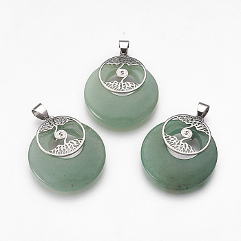 Natural Green Aventurine Pendants, with Platinum Tone Brass Findings, Flat Round with Tree of Life, 32x28x6mm, Hole: 4x5mm