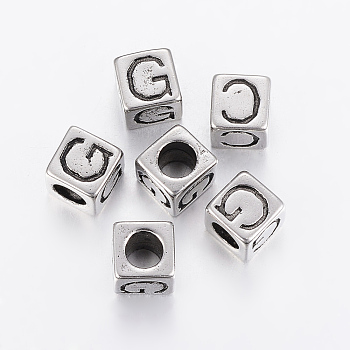 304 Stainless Steel Large Hole Letter European Beads, Cube with Letter.G, Antique Silver, 8x8x8mm, Hole: 5mm