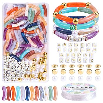 DIY Chunky Bracelet Making Kit, Including Acrylic Curved Tube & Plastic Pearl & Brass Beads, Elastic Thread, Mixed Color, Beads: 232Pcs/set