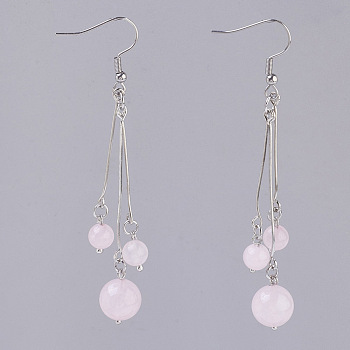 Natural Rose Quartz Dangle Earrings, with 304 Stainless Steel Earring Hooks and Iron Eye Pins, Round, 77~78mm, Pendant: 57~58mm, Pin: 0.6mm