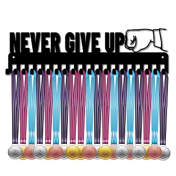 Iron Medal Holder Frame, Medals Display Hanger Rack, 20 Hooks, with Screws, Rectangle with Fist and Word NEVER GIVE UP Pattern, Electrophoresis Black, 11.2x40cm