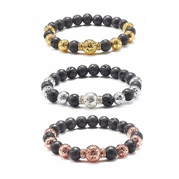Electroplated Natural Lava Rock Round Beads Essential Oil Anxiety Aromatherapy Bracelets, Brass Rhinestone Beads Stretch Bracelets Set for Girl Women, Inner Diameter: 2-1/8 inch(5.5cm), 3pcs/set