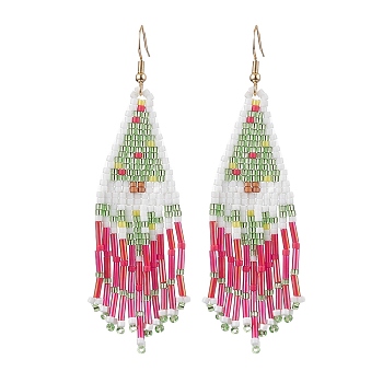 Christmas Tree Glass Seed Beaded Tassel Dangle Earrings for Women, Golden, Dark Sea Green, 85x23mm