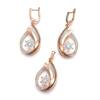 Brass Micro Pave Cubic Zirconia Jewelry Sets, Pendant and Earrings, Long-Lasting Plated, Teardrop with Flower, Light Gold, 42mm, Hole: 5x7mm, 52mm, Pin: 1mm