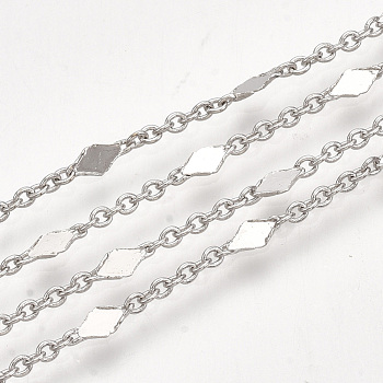Brass Link Chains, Cable Chains, with Spool, Soldered, Rhombus, Real Platinum Plated, 1.5x1x0.3mm, about 32.8 Feet(10m)/roll