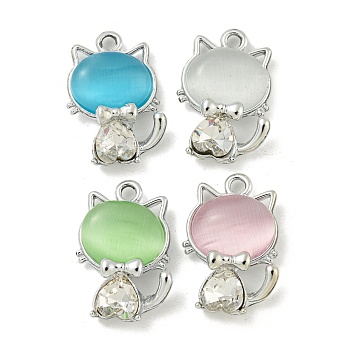 UV Plating Alloy Rhinestone Pendants, with Glass Imitation Cat Eye, Cadmium Free & Lead Free, Platinum, Cat Shape, Mixed Color, 17x12.5x5.5mm, Hole: 1.8mm