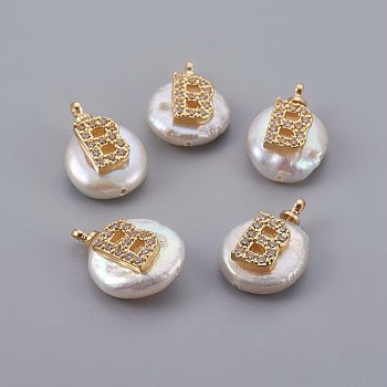 Natural Cultured Freshwater Pearl Pendants, with Micro Pave Cubic Zirconia, Brass Findings, Long-Lasting Plated, Letter, Real 18K Gold Plated, Letter.B, 14~28x9~16x5~9mm, Hole: 1.5mm
