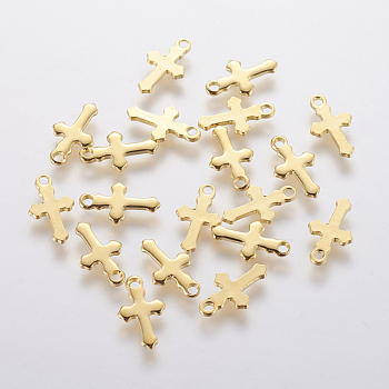 304 Stainless Steel Tiny Cross Charms, Real 18K Gold Plated, 12x7x0.8mm, Hole: 1.2mm