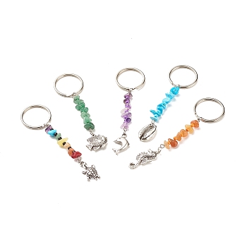Natural Gemstone Keychain, with Alloy Pendant and Iron Rings, 8.7~9.9cm, 5pcs/set