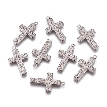 304 Stainless Steel Pendants, Hammered Cross, Stainless Steel Color, 25x12.5x2.5mm, Hole: 2mm