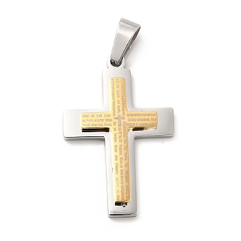 Vacuum Plating 304 Stainless Steel Pendants, Cross with Word Charms, Golden & Stainless Steel Color, 39x26x4.5mm, Hole: 9.5x5.5mm