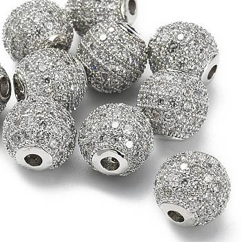 CZ Brass Micro Pave Grade AAA Clear Color Cubic Zirconia Round Beads, Cadmium Free & Nickel Free & Lead Free, Platinum, 8mm, Hole: 1.7mm
