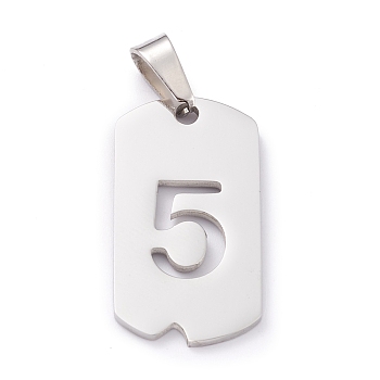 304 Stainless Steel Pendants, Rectangle with Number, Stainless Steel Color, Num.5, 27.5x14.5x1.5mm, Hole: 7.5x3mm