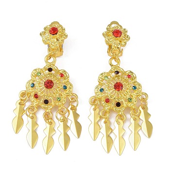 Bohemia Zinc Alloy Rhinestone Clip-on Earrings, Golden Tone Tassel Chandelier Earrings for Women, Colorful, 64x26.5mm