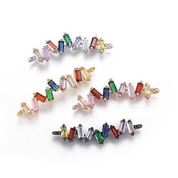 Brass Micro Pave Cubic Zirconia Links, Rectangle, Colorful, Mixed Color, 37x10.5x3.5mm, Hole: 1.8mm