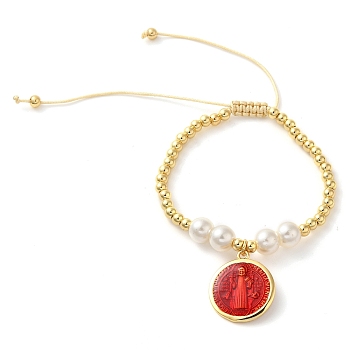 Adjustable Flat Round with Holy Virgin Charms Bracelet, Brass and Resin Braided Beads Bracelets, Real 18K Gold Plated, Red, Inner Diameter: 1-7/8~x3-1/2 inch(4.7~8.9cm)