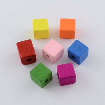 Dyed Natural Wood Beads, Cube, Mixed Color, 13~14x13~14x13~14mm, Hole: 4.5mm, about 344pcs/500g