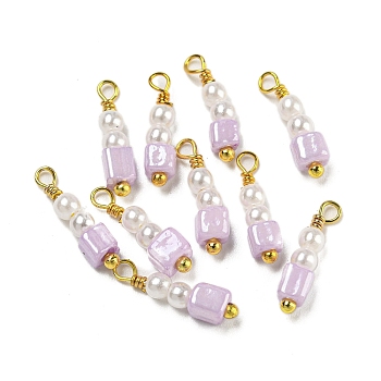 ABS Plastic Imitation Pearl Pendants, with Real 18K Gold Plated Brass Loops and Glass Seed Beads, Violet, 15.5~16x3.5x3.5mm, Hole: 1.6mm