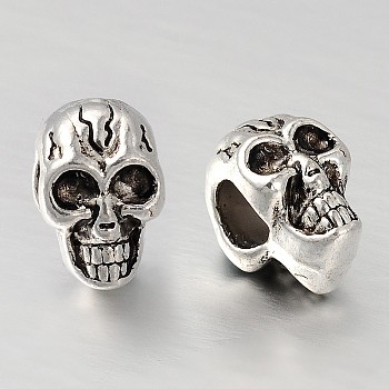 Skull Alloy European Beads, Large Hole Beads, Antique Silver, 12x8x9mm, Hole: 5mm