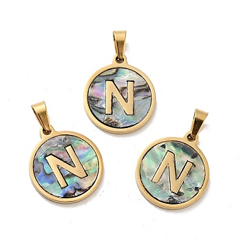 Vacuum Plating 304 Stainless Steel with Paua Shell Pendants, Golden, Flat Round with Letter Charm, Letter.N, 18x16x1.5mm, Hole: 3x6mm