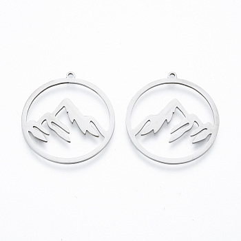 201 Stainless Steel Pendants, Ring with Mountain, Stainless Steel Color, 27.5x26x1mm, Hole: 1.4mm