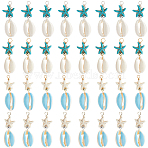 40Pcs 4 Colors Cowrie Shell & Dyed Synthetic Turquoise Starfish Pendants, Shell Shape Charms with Brass Beads, Mixed Color, 42x14x7mm, Hole: 2.5~3mm, 10pcs/color(PALLOY-SC0004-40)