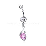 Piercing Jewelry, Brass Cubic Zirconia Navel Ring, Navel Ring Belly Rings, with 304 Stainless Steel Bar, Lead Free & Cadmium Free, Leaf, Platinum, Pearl Pink, 38x11.5mm, Bar Length: 3/8"(10mm), Bar: 14 Gauge(1.6mm)(AJEW-EE0006-23A)