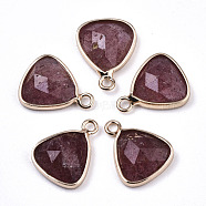 Natural Strawberry Quartz Charms, with Light Gold Plated Brass Edge and Loop, Triangle, Faceted, 14x11x4mm, Hole: 1.5mm(G-N326-48C)