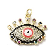 Brass Micro Pave Cubic Zirconia Pendants, with Enamel, with Jump Ring, Real 18K Gold Plated, Evil Eye, Black, 20x23x5.3mm, Hole: 3.5mm(KK-E092-09G-05)
