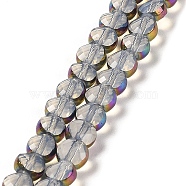 Electroplate Transparent Glass Beads Strands, Rainbow Plated Edge Beads , Faceted Flat Round, WhiteSmoke, 5.5~6x6~7x3.5~4.5mm, Hole: 1~1.2mm, about 100pcs/strand, 20.79''(52.8cm)(EGLA-Z001-02G)