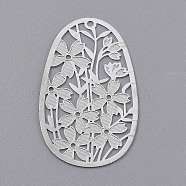 Brass Pendants, Etched Metal Embellishments, Hollow Out Oval with Flower, Silver, 40x24x0.2mm, Hole: 1.6mm(KK-P193-01S)