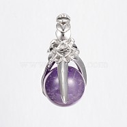 Natural Amethyst Pendants, with Brass Findings, Cadmium Free & Lead Free, Claw & Round, Platinum, 35x18mm, Hole: 5mm(G-D643-09-RS)