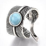Alloy Cuff Finger Rings, with Synthetic Turquoise, Wide Band Rings, Feather, Antique Silver, US Size 8 1/2(18.5mm)(X-RJEW-T006-43)