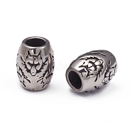 304 Stainless Steel European Beads, Large Hole Beads, Barrel with Wolf, Antique Silver, 13x10.5mm, Hole: 5.5mm(STAS-G220-23AS)