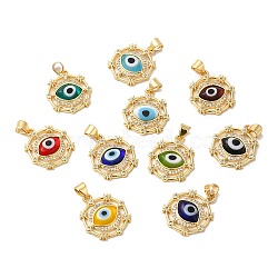 Handmade Evil Eye Lampwork Pendants, with Brass Cubic Zirconia Finding, Cadmium Free & Lead Free, Real 18K Gold Plated, Flat Round Charm, Mixed Color, 20.5x17.5x3.3mm, Hole: 3x4.3mm(LAMP-E034-02G)