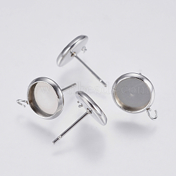 Non-Tarnish 201 Stainless Steel Stud Earring Settings, with 304 Stainless Steel Pins, with Loop, Flat Round, Stainless Steel Color, 13x10mm, Hole: 2mm, Pin: 0.7mm, Tray: 8mm(STAS-I097-023-8mm)