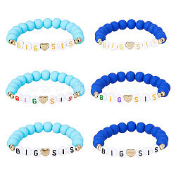 FIBLOOM 6Pcs 6 Color Word BIG SIS Acrylic & Polymer Clay & CCB Heart Beaded Stretch Bracelets Set, Mixed Color, Inner Diameter: 1-3/4 inch(4.4cm), 1Pc/color(BJEW-FI0001-53)