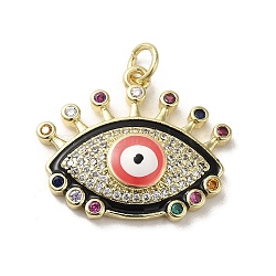 Brass Micro Pave Cubic Zirconia Pendants, with Enamel, with Jump Ring, Real 18K Gold Plated, Evil Eye, Black, 20x23x5.3mm, Hole: 3.5mm(KK-E092-09G-05)
