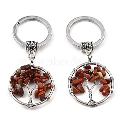 Natural Red Jasper Flat Round with Tree of Life Pendant Keychain, with Iron Key Rings and Brass Finding, 6.5cm(KEYC-E023-03L)