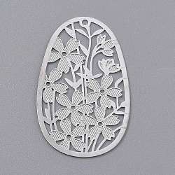 Brass Pendants, Etched Metal Embellishments, Hollow Out Oval with Flower, Silver, 40x24x0.2mm, Hole: 1.6mm(KK-P193-01S)