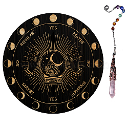 AHADEMAKER 1Pc Natural Rose Quartz Dowsing Pendulum Pendant, with 1Pc Wood Custom Pendulum Board, for Witchcraft Wiccan Altar Supplies, Moon Pattern, Pendant: 29~29.7cm, Board: 20x0.4cm(DIY-GA0003-53E)