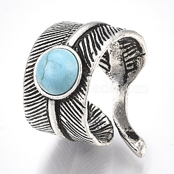 Alloy Cuff Finger Rings, with Synthetic Turquoise, Wide Band Rings, Feather, Antique Silver, US Size 8 1/2(18.5mm)(X-RJEW-T006-43)