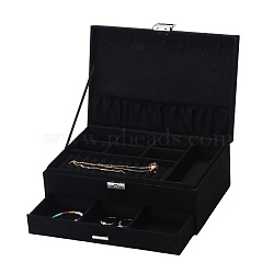 Velvet & Wood Jewelry Boxes, Portable Jewelry Storage Case, with Alloy Lock, for Ring Earrings Necklace, Rectangle, Black, 27.3x19.5x10.3cm(VBOX-I001-04A)